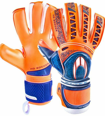 Ho Soccer Keeperhandschoenen Ho Soccer Ikarus Rollo Oranje for soccer goalkeeping, showing bright orange gloves with black accents.