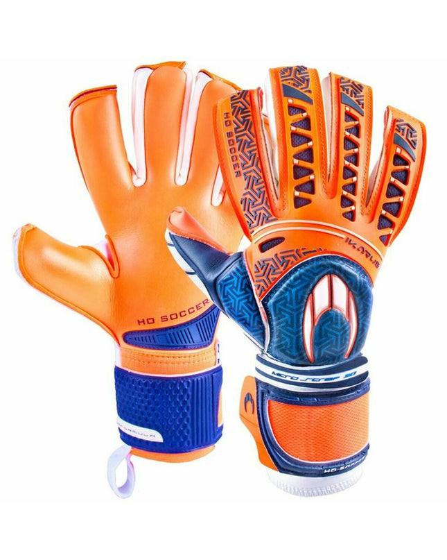 Ho Soccer Keeperhandschoenen Ho Soccer Ikarus Rollo Oranje for soccer goalkeeping, showing bright orange gloves with black accents.