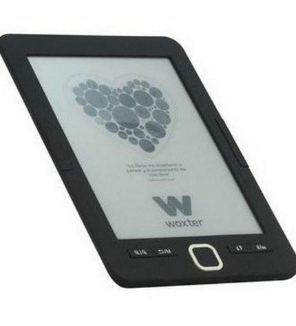 Woxter SCRIBA 195 6-inch eBook reader with 4 GB storage, black front and silver back, displaying a book on the screen