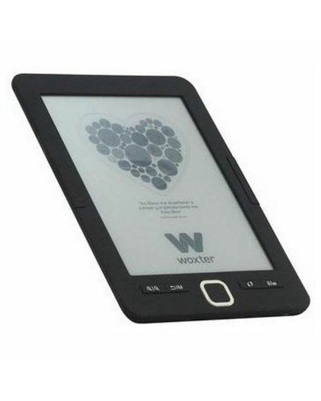Woxter SCRIBA 195 6-inch eBook reader with 4 GB storage, black front and silver back, displaying a book on the screen