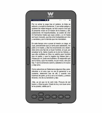 Woxter EB26-069 black eBook reader with sleek design and screen displaying text, electronic device for digital reading.