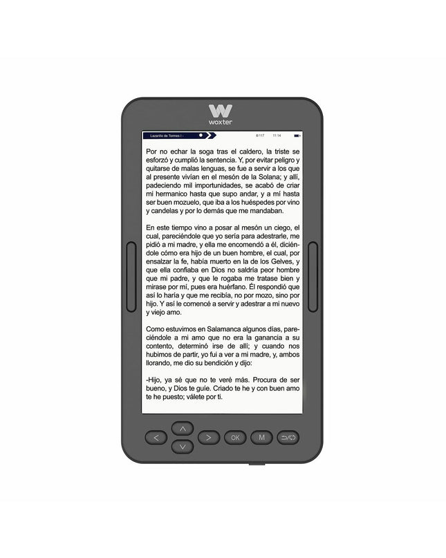 Woxter EB26-069 black eBook reader with sleek design and screen displaying text, electronic device for digital reading.