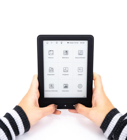 Woxter EB26-075 eBook reader with sleek black design, electronic screen, and side buttons for easy reading and navigation.
