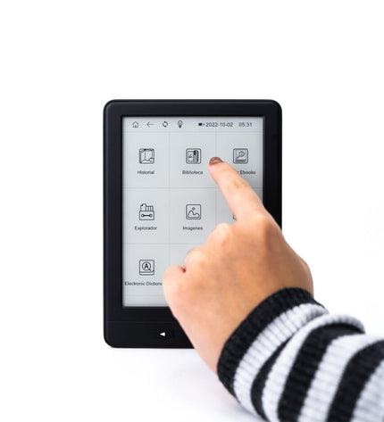 Woxter EB26-075 eBook reader in black with screen displaying book pages, electronic device for digital reading.