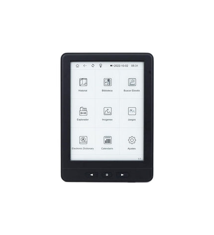 Woxter EB26-075 eBook reader with black front and sleek design, showcasing screen and side buttons.