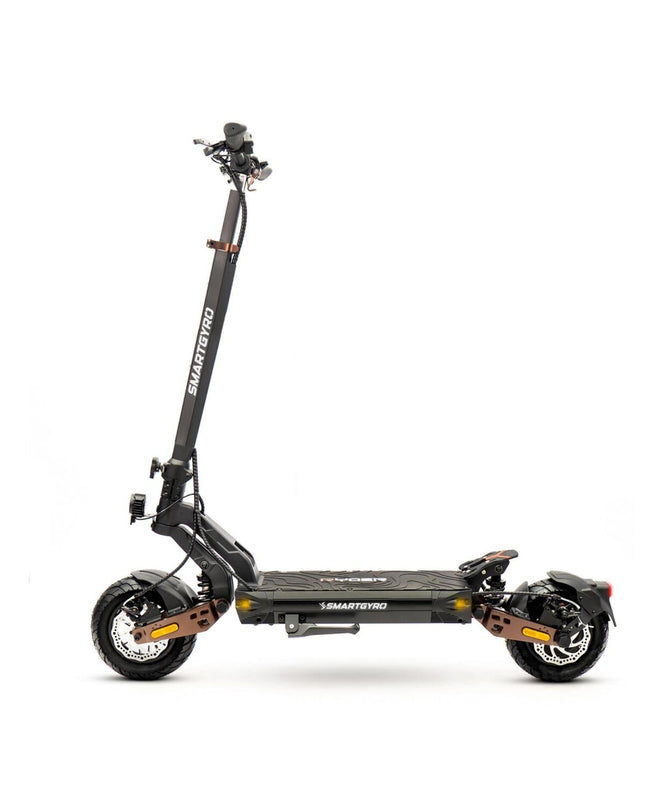 Smartgyro SG27-572 electric scooter for urban mobility, showing its compact design and handlebars in a city outdoor setting.