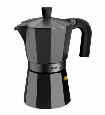 Black Monix Braisogona Italian coffee pot in aluminum, suitable for making one cup of espresso or strong coffee.