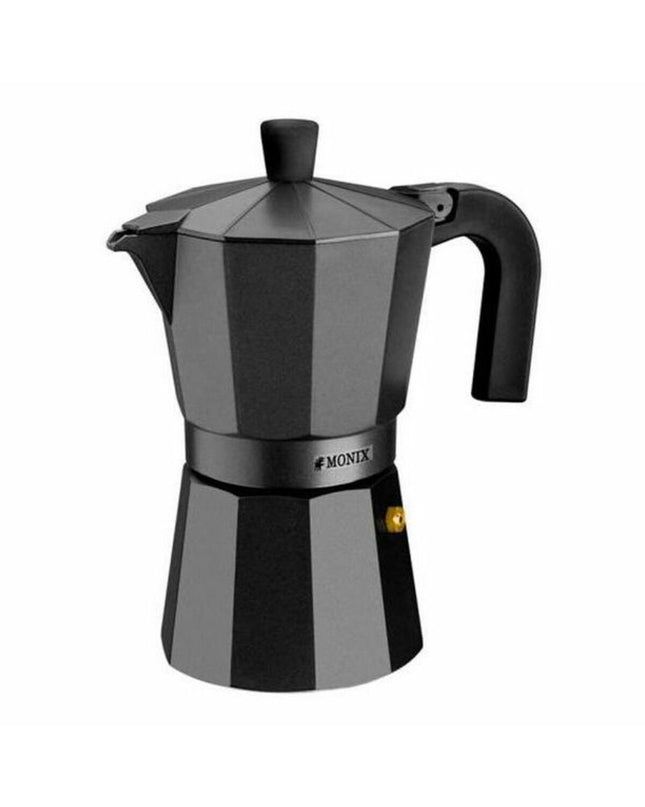 Black Monix Braisogona Italian coffee pot in aluminum, suitable for making one cup of espresso or strong coffee.