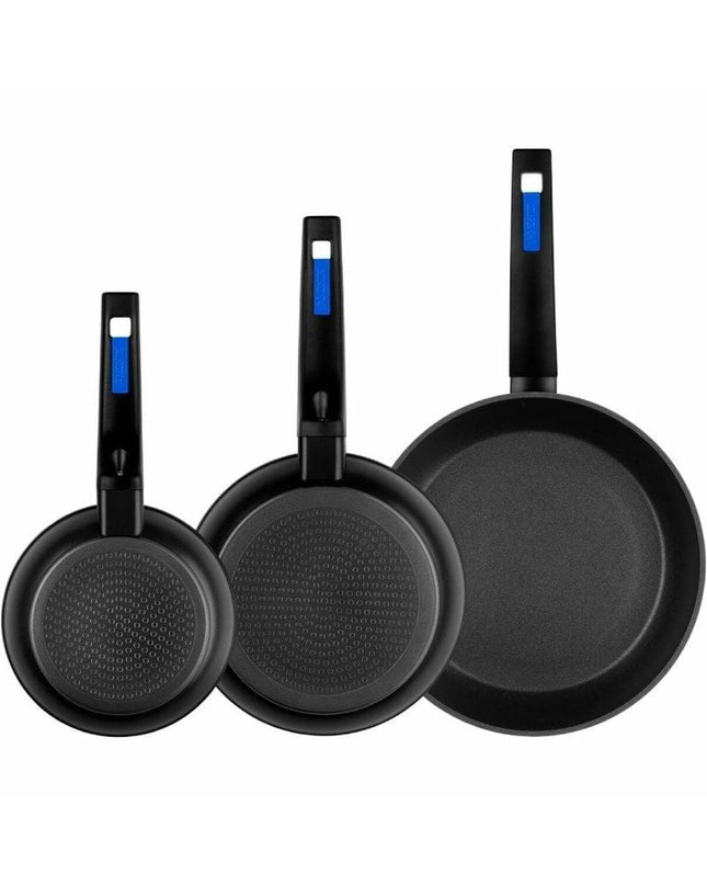 Monix M811200 black bakelite cookware set with three aluminum pots, suitable for home cooking and kitchen use.
