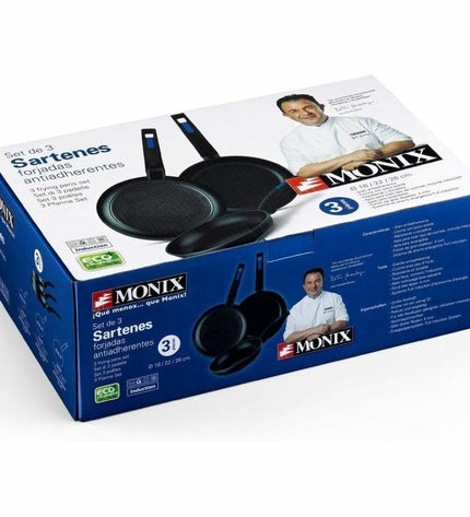 Monix M811200 black bakelite cookware set with three aluminium kitchen pots and lids, suitable for home cooking.