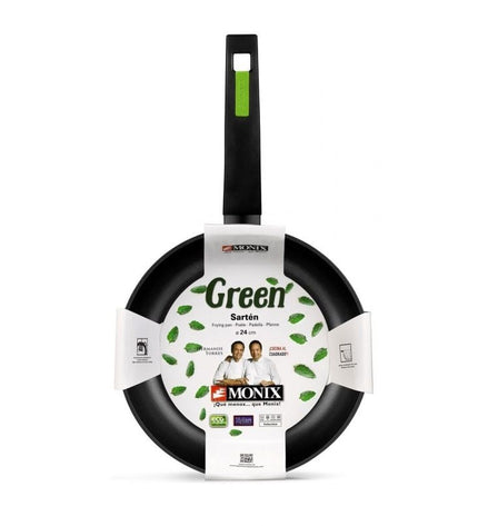 Monix M481224 black and green Bakelite pan for household and cooking, featuring a sleek handle and durable design.