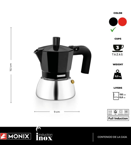 Bra Inox black Italian coffee pot, 3-tassie moka pot for brewing espresso-style coffee, black stainless steel design.