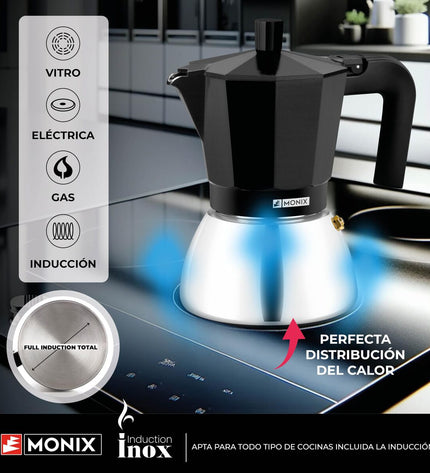 Black BRA INOX 3T Italian coffee pot for home brewing, stainless steel design, suitable for making espresso and coffee.