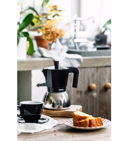 Black BRA INOX Italian coffee pot with a sleek 3-tube design, ideal for brewing traditional espresso in the kitchen.