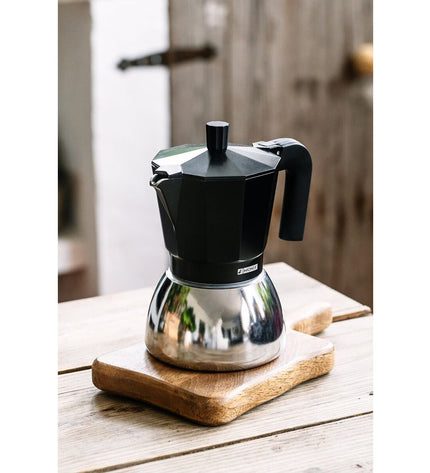 Bra inox black Italian coffee pot with 3-tassel design, black finish, suitable for brewing traditional coffee.
