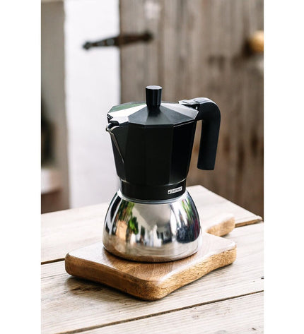 Black BRA INOX Italian coffee pot with a sleek 3T design, perfect for brewing rich coffee in the kitchen.