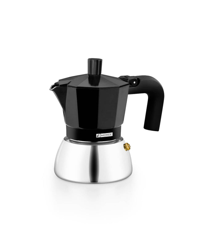 Black BRA inox Italian coffee pot with 3-t cup capacity, suitable for brewing traditional espresso-style coffee.
