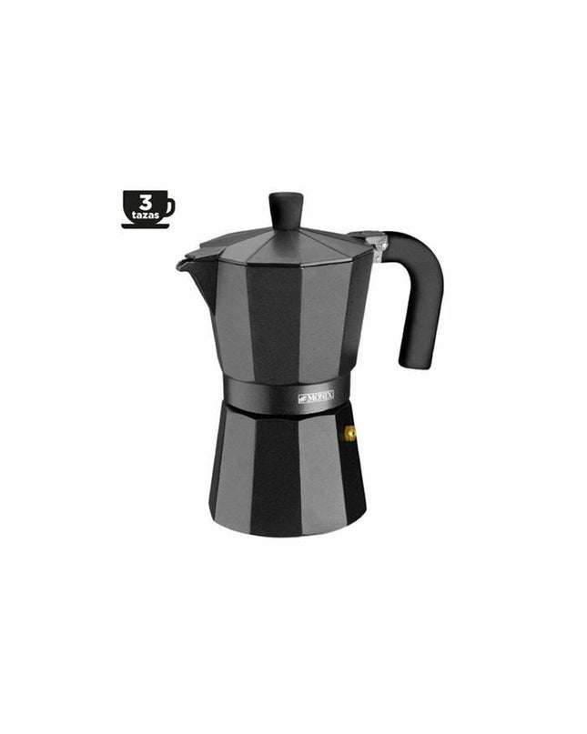 Black BRA INOX Italian coffee pot, 3-tube stovetop moka maker, for brewing rich espresso-style coffee.