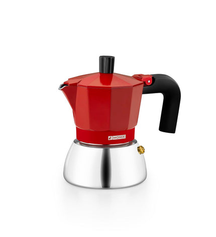 Red BRA INOX Italian coffee pot with 3-tcup capacity, stainless steel design for brewing traditional coffee.