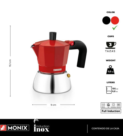Red BRA INOX 3T Italian coffee pot for home brewing, featuring a sleek stainless steel design with red finish.