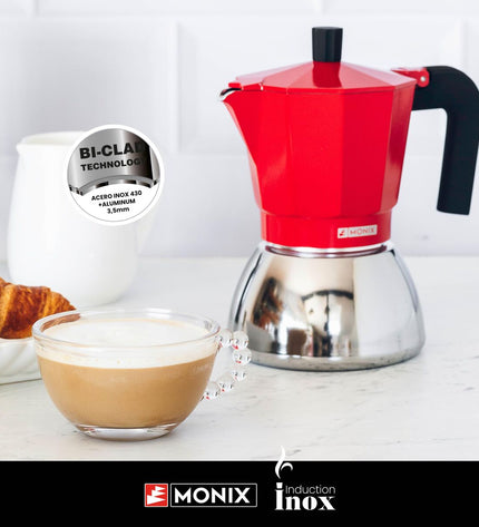 Red BRA INOX Italian coffee pot for brewing espresso or coffee, with a sleek stainless steel design and red handle.