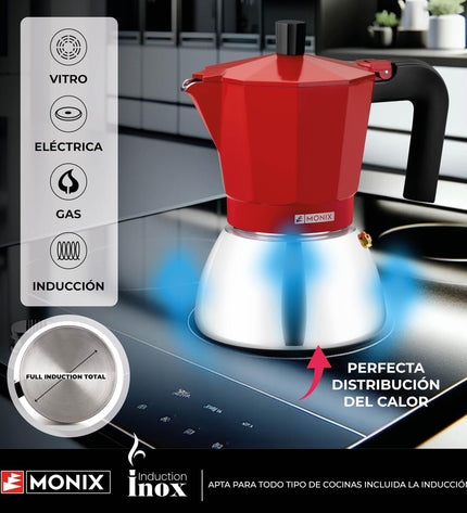 Red BRA INOX Italian coffee pot for stovetop brewing, 3-t cup size, stainless steel design for home coffee and tea preparation.