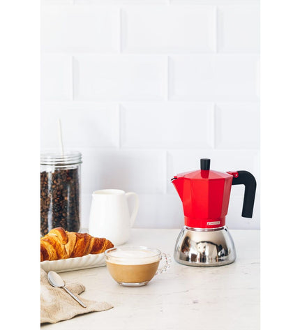 Red BRA INOX 3T Italian coffee pot for brewing traditional espresso in the kitchen, with a sleek stainless steel design.