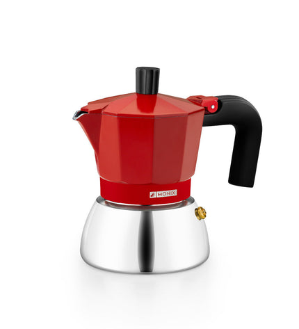 Red BRA INOX Italian coffee pot, 3-cup size, made of stainless steel, ideal for brewing traditional Italian espresso.