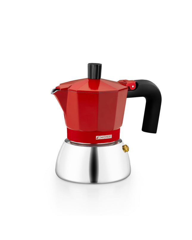 Red BRA INOX Italian coffee pot, 3-cup size, made of stainless steel, ideal for brewing traditional Italian espresso.