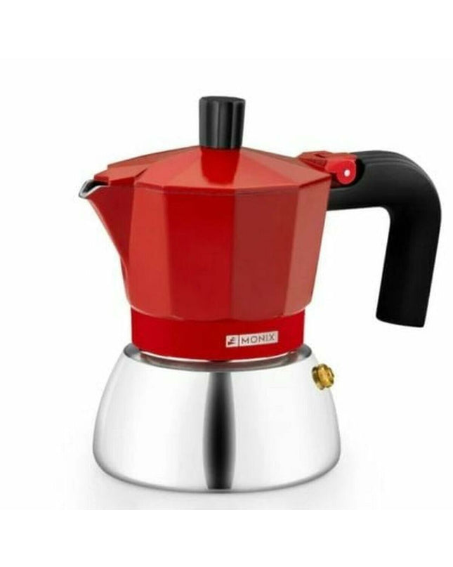 Red BRA INOX 3T Italian coffee pot for home brewing, featuring durable stainless steel construction.