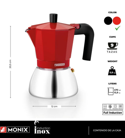 Red BRA INOX 9T Italian coffee pot with a 470 ml capacity, designed for brewing authentic espresso-style coffee.