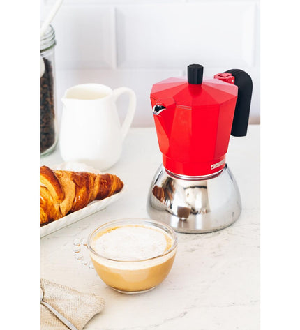 Red BRA INOX Italian coffee pot 9T with 470ml capacity, designed for brewing fresh coffee in the kitchen.