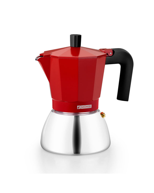 Red BRA INOX Italian coffee pot with 470 ml capacity, stainless steel design for brewing authentic Italian coffee.