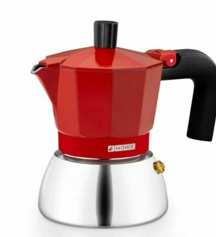 Red BRA INOX 9T Italian coffee pot with 470ml capacity, used for brewing traditional espresso on the stove.