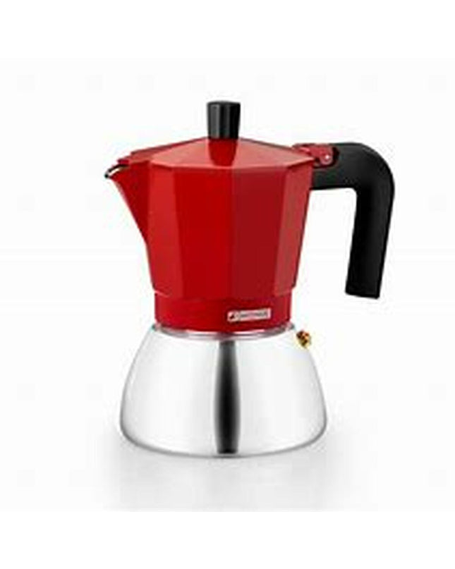 Red BRA INOX 9T Italian coffee pot for brewing espresso, 470 ml, with a sleek stainless steel design for kitchen use.
