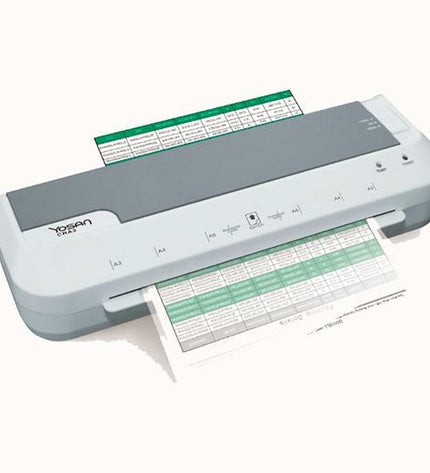Yosan CR-A3 gray lamination machine for office use with control panel and compact design, ideal for document lamination.