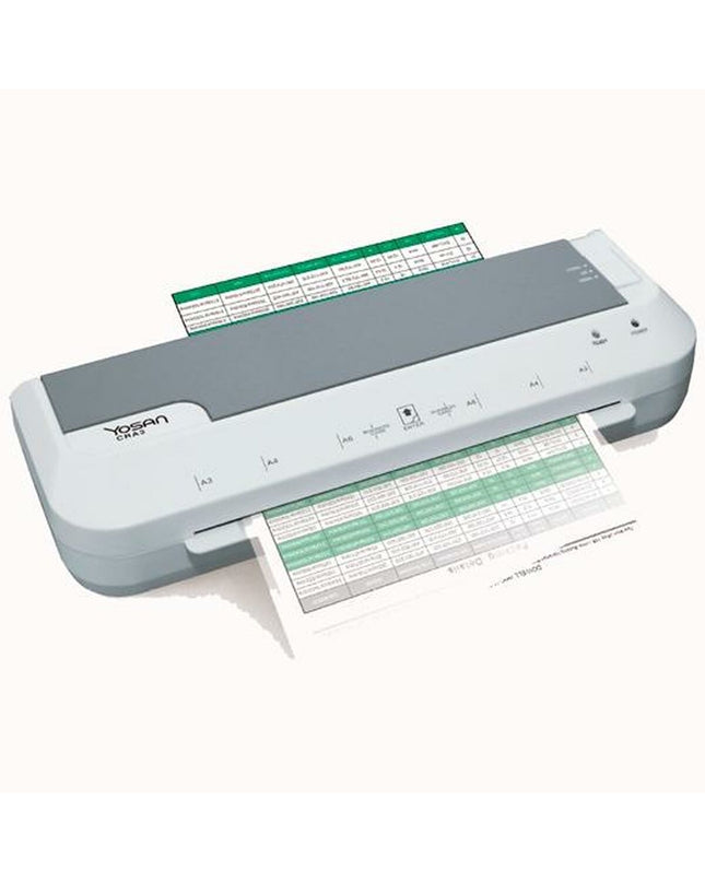Yosan CR-A3 gray lamination machine for office use with control panel and compact design, ideal for document lamination.