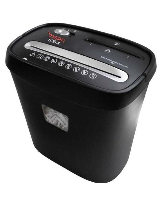 Yosan 836X paper shredder for offices, 15-liter capacity, electronic office electronics and stationery shredder in use.