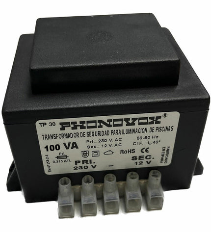 PHONOVOX swimming pool lighting safety transformer, 100 VA, 12V output, compact size for garden, jacuzzi, and pool lighting safety.