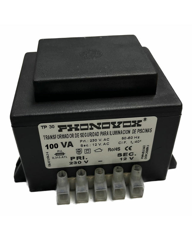 PHONOVOX swimming pool lighting safety transformer, 100 VA, 12V output, compact size for garden, jacuzzi, and pool lighting safety.