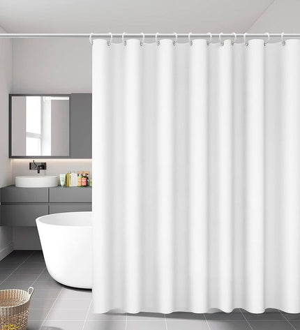 Exma white PVC shower curtain measuring 140 x 180 cm, suitable for bathroom use, with a smooth, waterproof surface and eyelets for hanging.