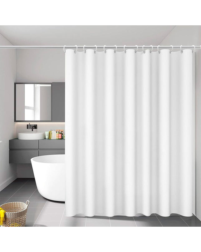 Exma white PVC shower curtain measuring 140 x 180 cm, suitable for bathroom use, with a smooth, waterproof surface and eyelets for hanging.