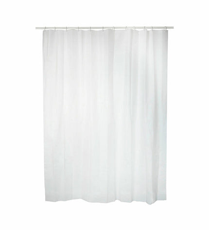 White PVC shower curtain by Exma, measuring 140 x 180 cm, suitable for bathroom and shower use.