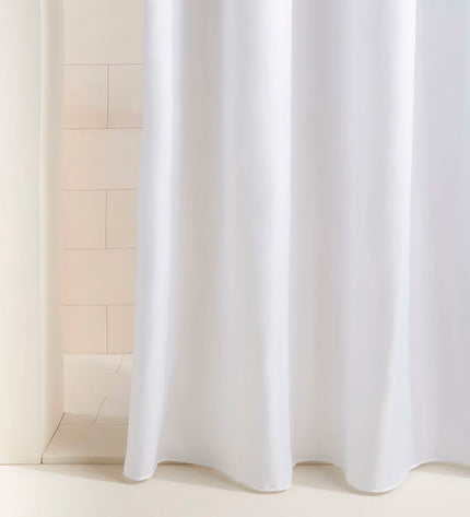 White PVC shower curtain by Exma, 180 x 180 cm, suitable for bathroom use, featuring a smooth, waterproof surface.