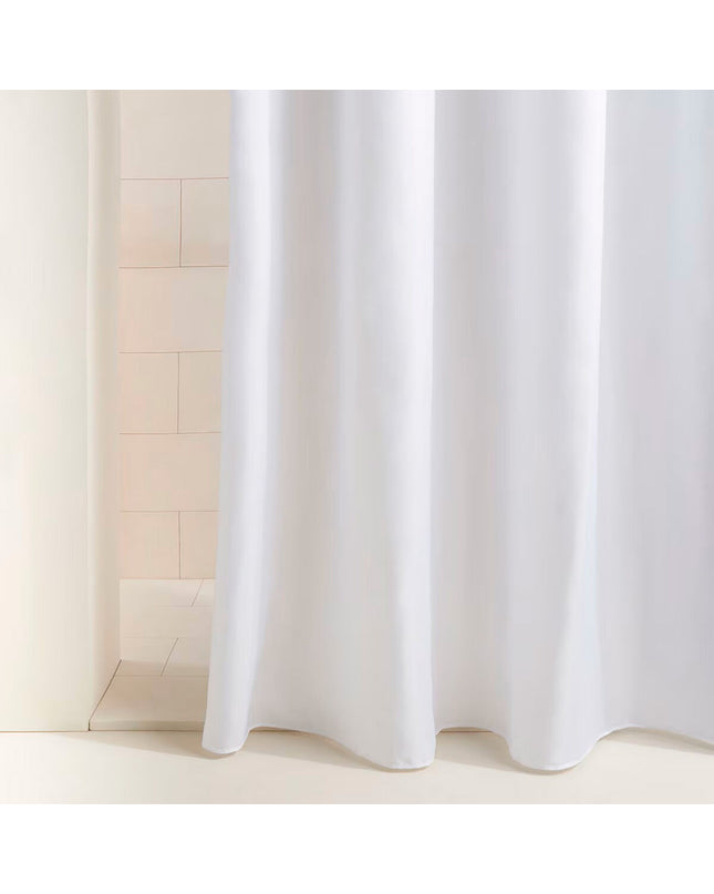 White PVC shower curtain by Exma, 180 x 180 cm, suitable for bathroom use, featuring a smooth, waterproof surface.