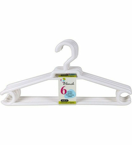 Set of 8 Dem Blanch plastic clothing hangers, 42 x 20 cm, for wardrobe organization, featuring six pieces in the image.