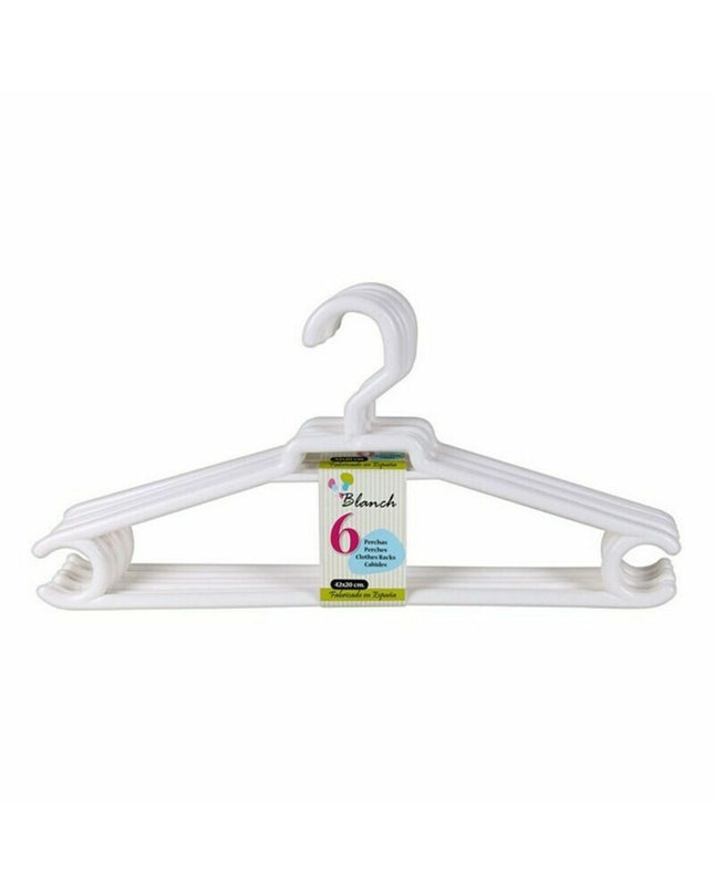 Set of 8 Dem Blanch plastic clothing hangers, 42 x 20 cm, for wardrobe organization, featuring six pieces in the image.
