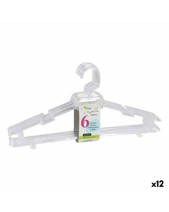 Set of 12 Dem Ruth Kristal clothing hangers, 43x22x4.5 cm, used for wardrobe organization and closet storage.