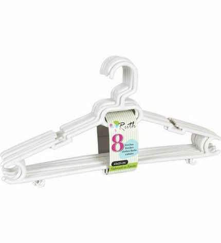 Set of 8 Dem Ruth plastic clothing hangers with dimensions 43x22x6 cm, ideal for wardrobe organization and storage.