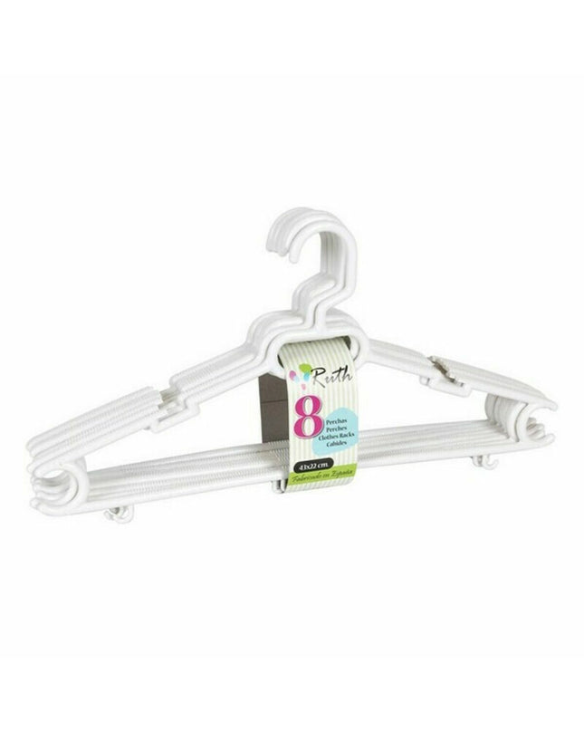 Set of 8 Dem Ruth plastic clothing hangers with dimensions 43x22x6 cm, ideal for wardrobe organization and storage.